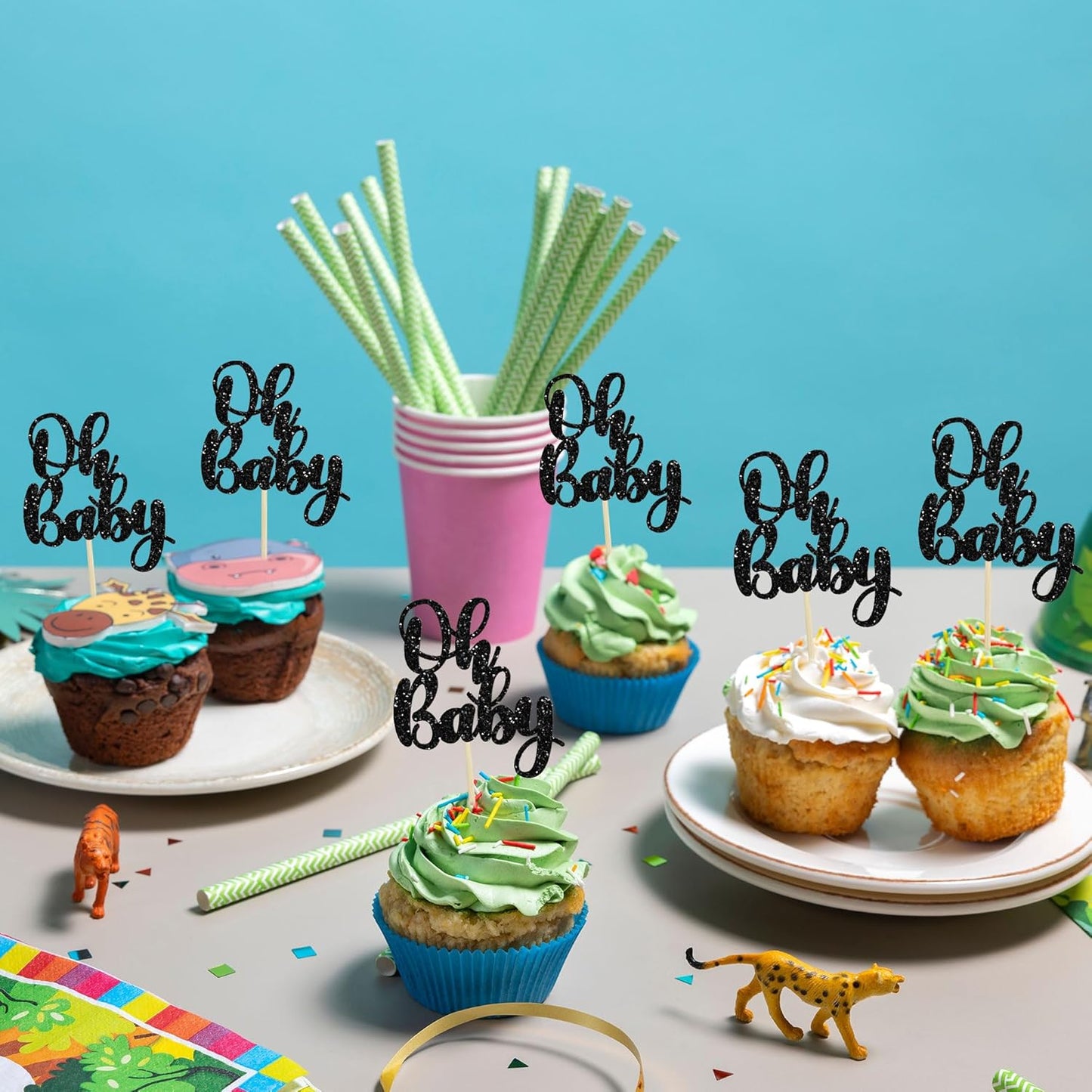 Gyufise 36Pcs Oh Baby Cupcake Toppers Glitter Baby Shower Cupcake Picks Oh Baby Cake Decorations for Gender Reveal Baby Shower Kids Boys Girls Birthday Party Supplies Black