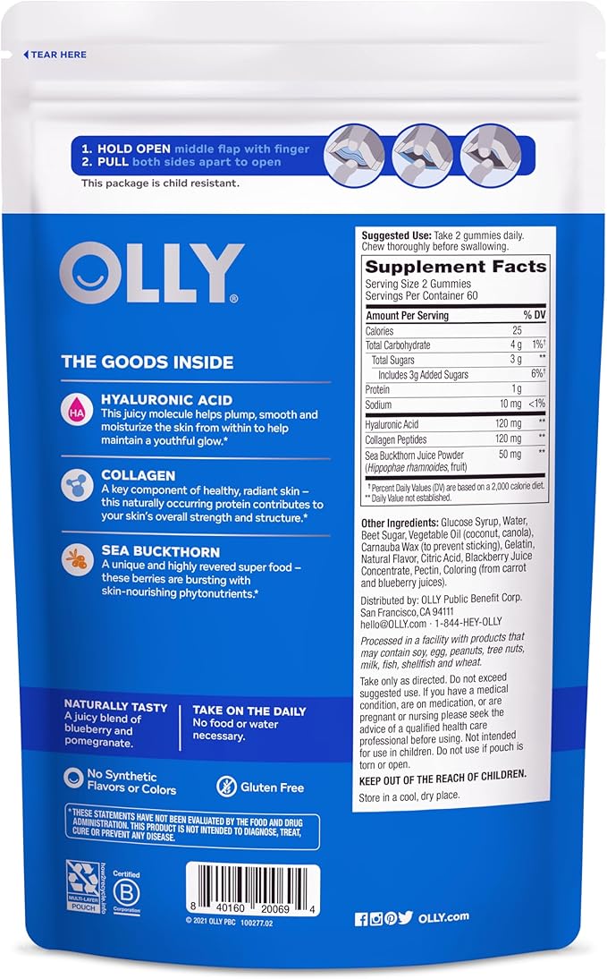 OLLY Glowing Skin Collagen Gummy, Hydrated, Youthful Skin, Hyaluronic Acid, Sea Buckthorn, Chewable Supplement, Berry, 60 Day Supply - 120 Count Pouch