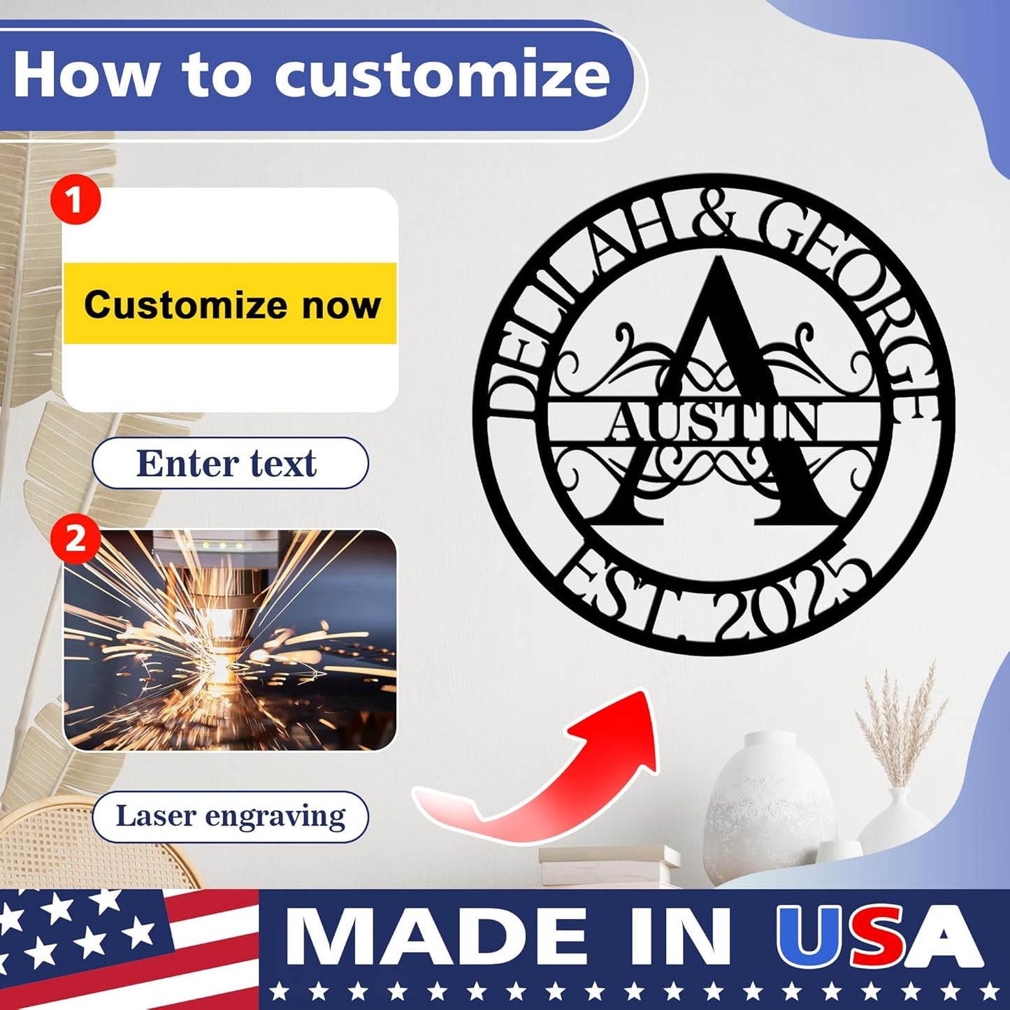 Custom Name Signs Outdoor Metal, Personalized Family Last Name Signs Wall Art, Letter Monogram Metal Sign For Home Decor, Customized Wedding Christmas Anniversary Housewarming Gifts