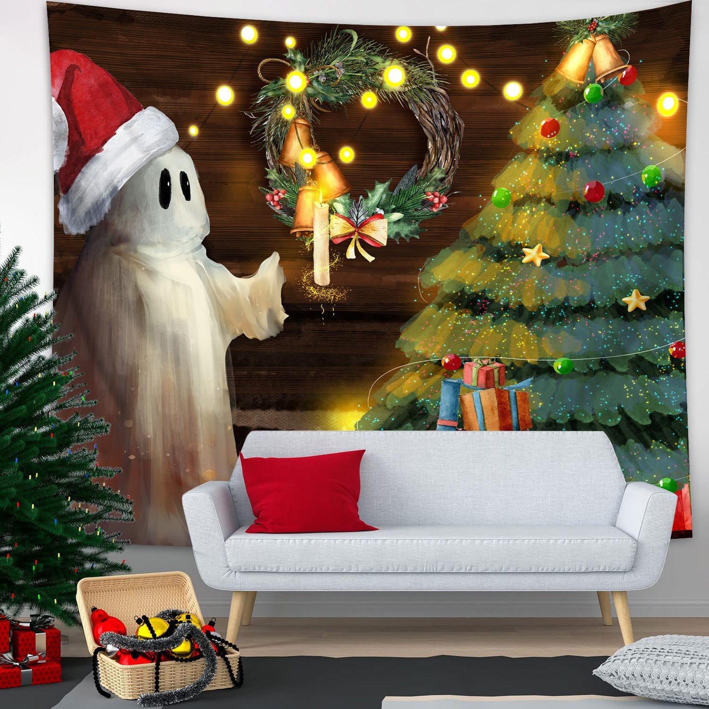 QGHOT Christmas Tapestry Wall Hanging Christmas Tree Backdrop Cute Ghost Wall Decor Xmas Holiday Tapestries for Kids Bedroom Living Room Dorm Party Decoration