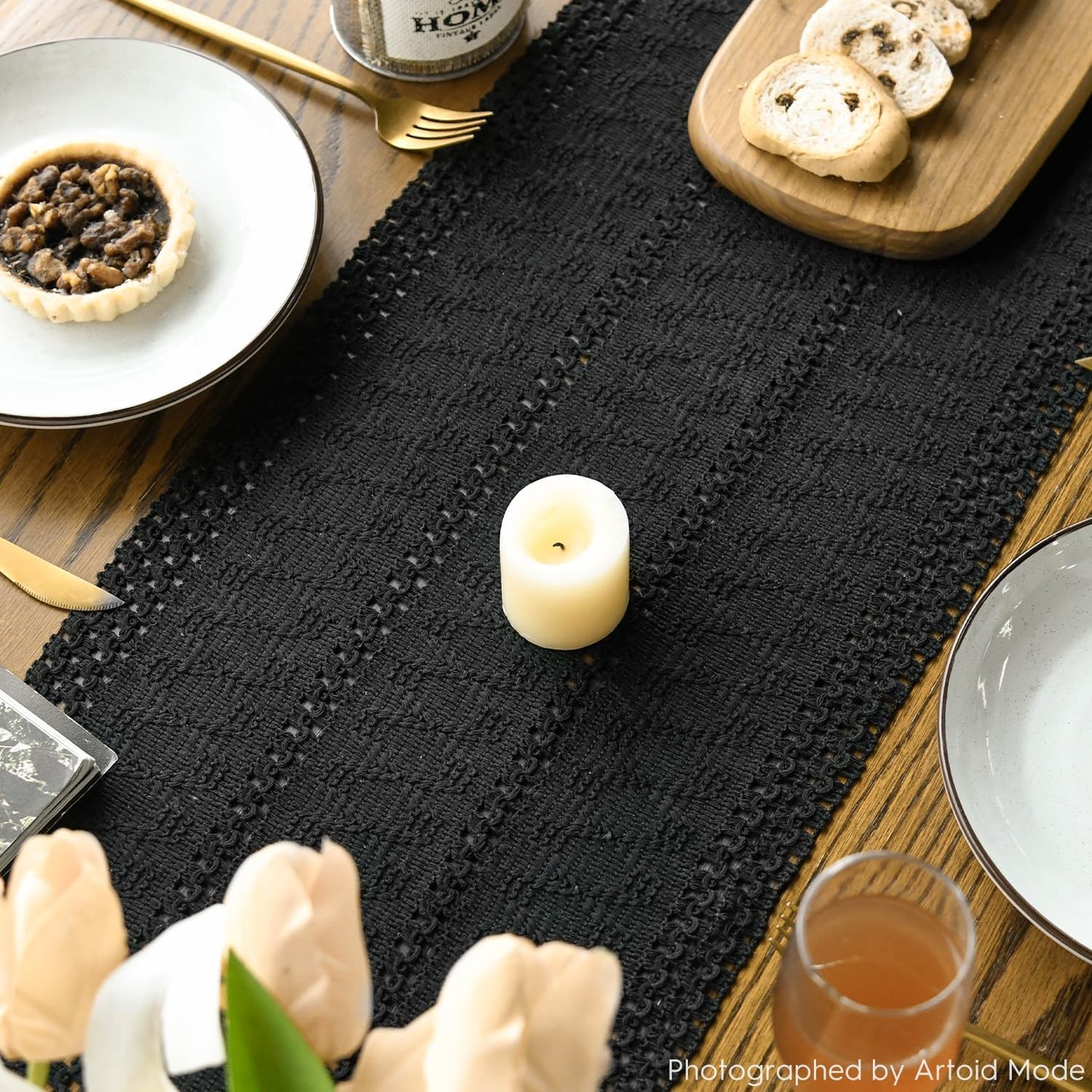 Artoid Mode Black Farmhouse Woven Rustic Hollow Table Runner, Seasonal Holiday Hollow Kitchen Dining Table Decoration for Home Party Decor 12x72 Inch
