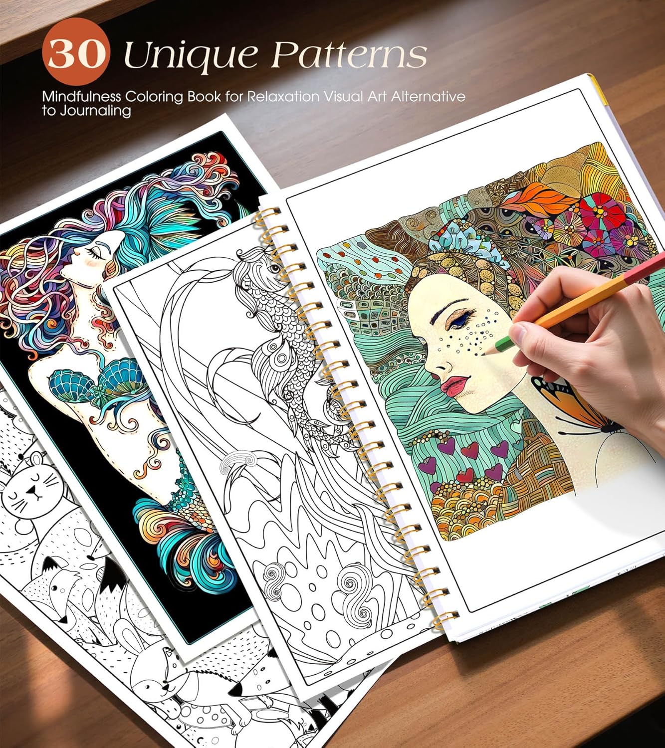 Adult Coloring Book for Women-Hardcover Spiral Bound Coloring Books for Adults Relaxation 8.5 * 11, 30 Animals&Figures Pattern, Anxiety, Stress Relief & Relaxation Gifts for Women, 120GSM Paper