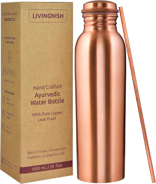 100% Pure Copper Water Bottle for Drinking – Extra Large 34 Oz Wide Mouth, Classic Plain Ayurvedic Copper Water Bottle with Straw – Handcrafted Leak-Proof Vessel, Reusable & BPA-Free