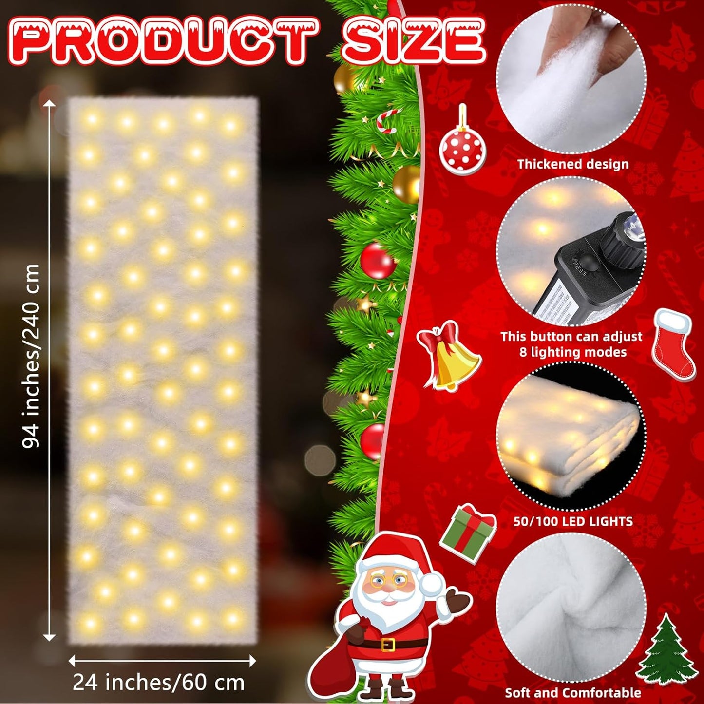 VIHOSE Christmas Snow Blanket with LED Lights String Pre Lit Artificial Fake Snow Blanket Roll Lighted Table Runner for Christmas Tree Village Display Winter Holiday Decor(Warm Light,94'' X 24'')