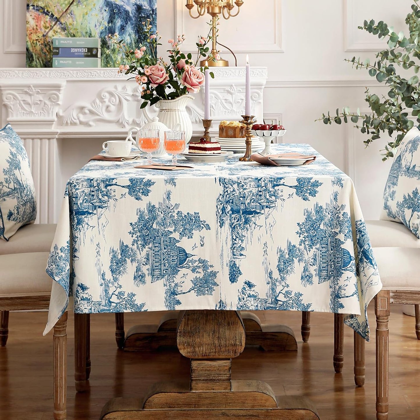 patdrea Designer Vintage Cyan Tablecloth for Rectangle Table,Linen Ancient Castle and Manor Pattern Tablecloths,Table Cover Decor for Kitchen Dining Christmas,Thanksgiving,55"x79"-Lucerne a