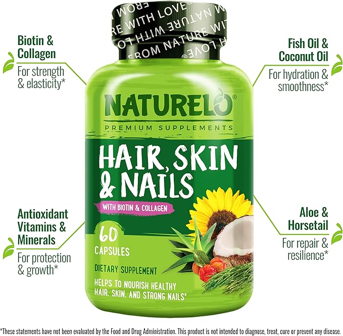NATURELO Hair, Skin and Nails Multivitamin - 5000 mcg Biotin, Collagen, Natural Vitamin E - Supplement for Healthy Skin, Hair Growth for Women and Men – 60 Capsules