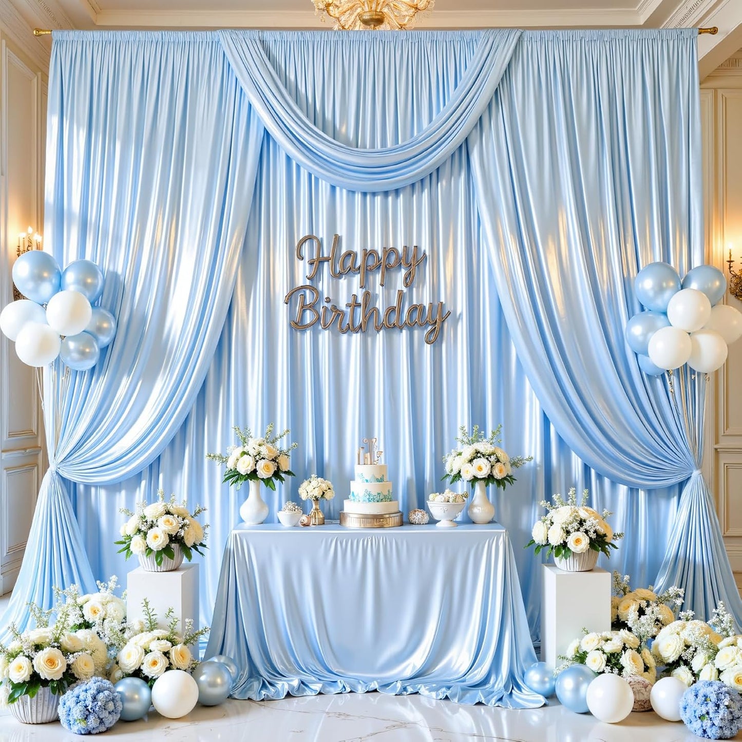 Blue Glitter Backdrop Curtain for Parties Wedding,10Ft x 10Ft Satin Shimmer Photo Backdrop,Non-Wrinkle Sparkle Drapes for Backdrops,Back Drop for Photography, Birthdays,Weddings,Prom