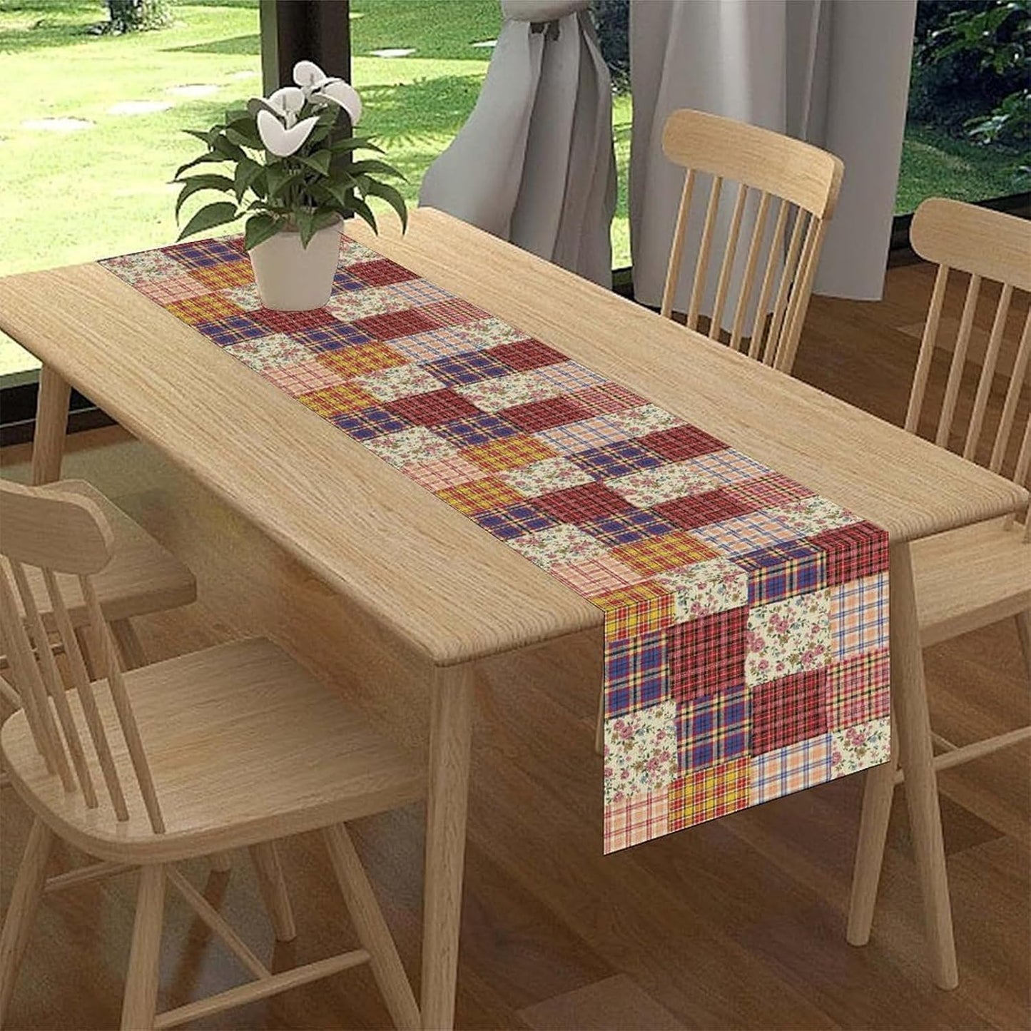 Patchwork Table Runner, Boho Vintage Floral Checkered Plaid Bohemian Paisley Flower Farmhouse Table Center Decor for Home Kitchen Dining Patio Holiday Party Indoor Table Decorations, 13"x90" Inch