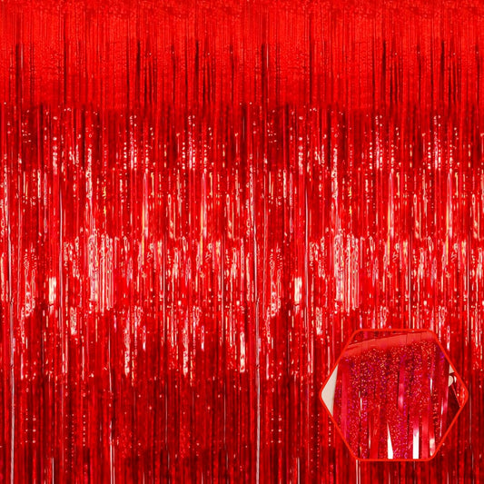 3 Pack Red Foil Fringe Curtain Backdrop, 3.28Ft x 8.2Ft Metallic Tinsel Foil Fringe Streamer Curtains for Photo Booth, Mother's Day, Easter, Birthday, Wedding Party Decorations