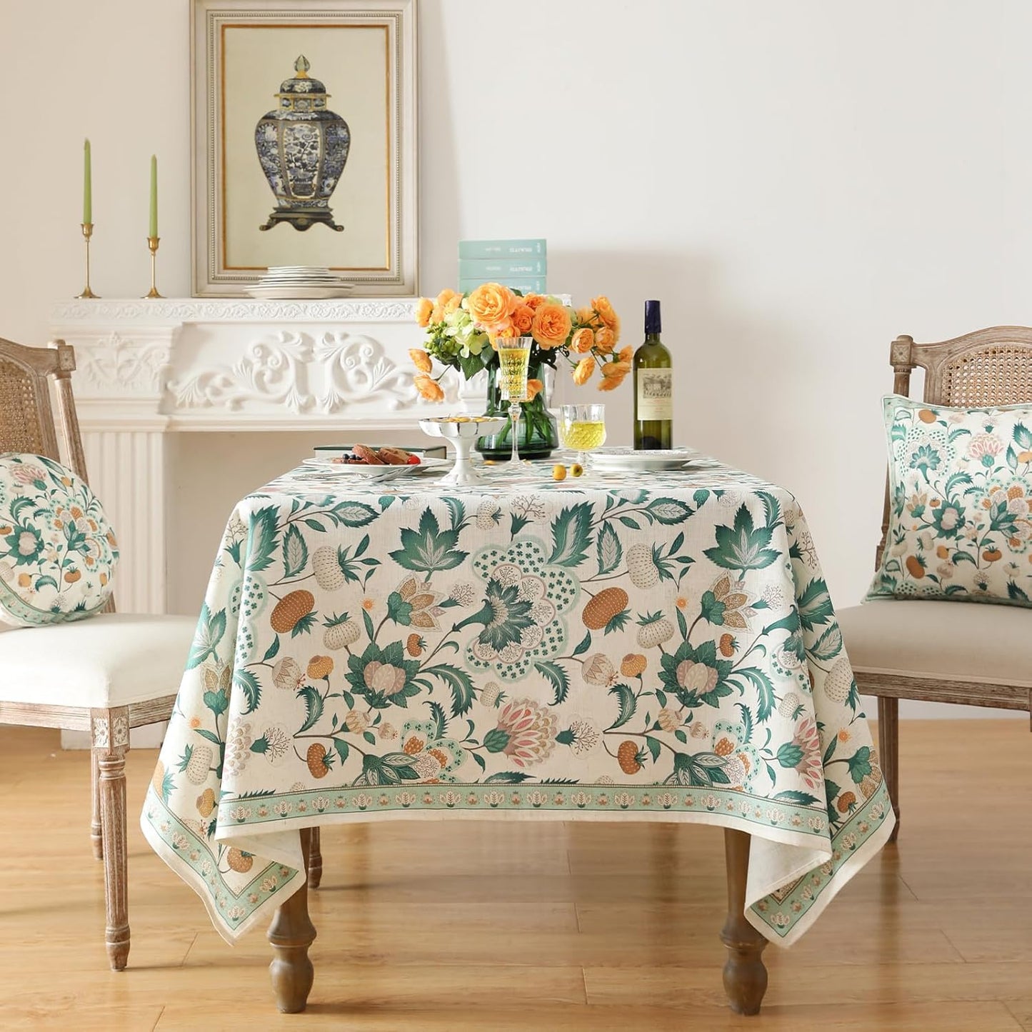 patdrea Designer Green Rectangle Table Cloth,Vintage Italian Floral Country Linen Breathable Tablecloth,Decor Cover for Kitchen Dining,Christmas,Tea Party,Thanksgiving,63"x94"-Tree Life