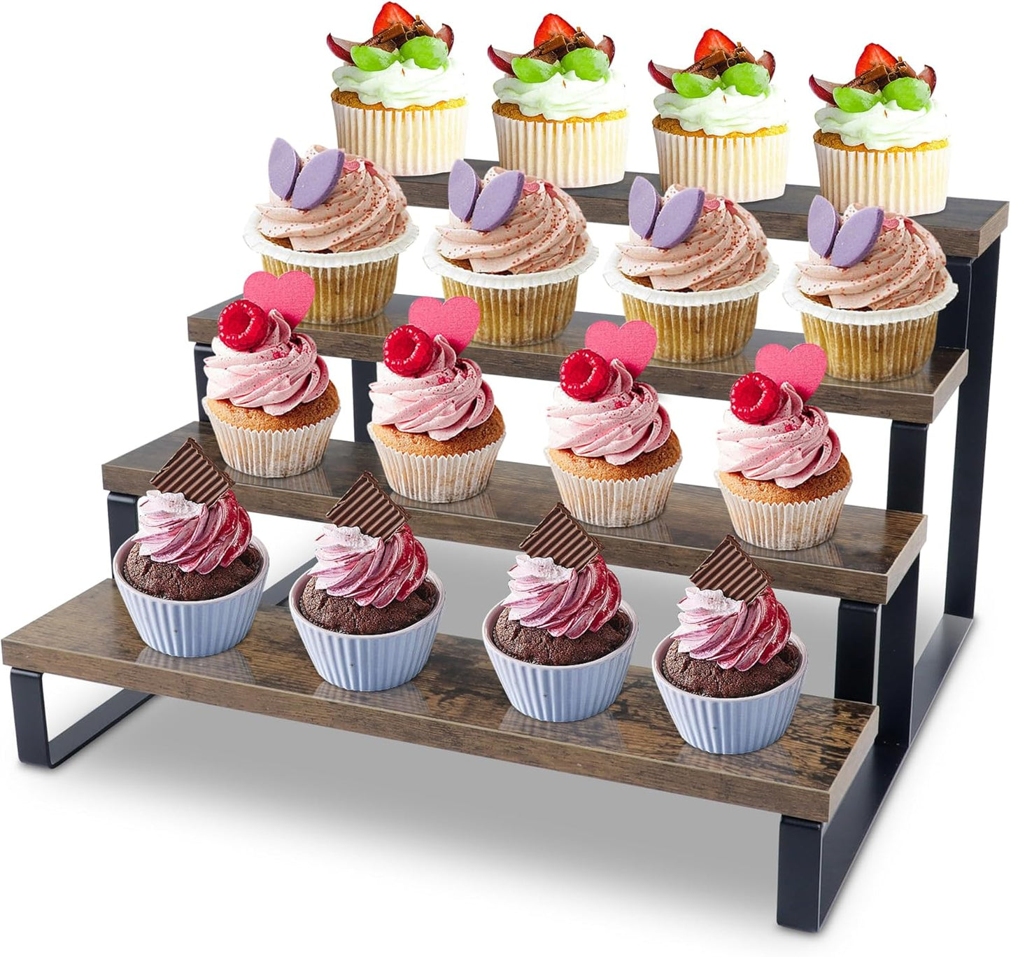 Wood Rustic Cupcake Stand, 4 Tier Stepped Cupcakes Stand, Wooden Display Stand Risers for Perfume, Tiered Spice Rack for Cabinet and Table Counter