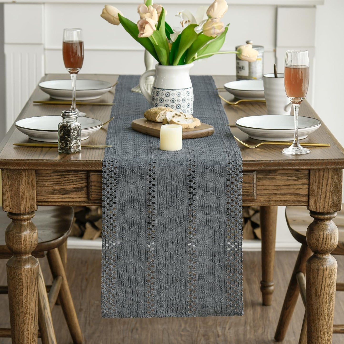 Artoid Mode Dark Grey Farmhouse Woven Rustic Hollow Table Runner, Seasonal Holiday Hollow Kitchen Dining Table Decoration for Home Party Decor 12x48 Inch