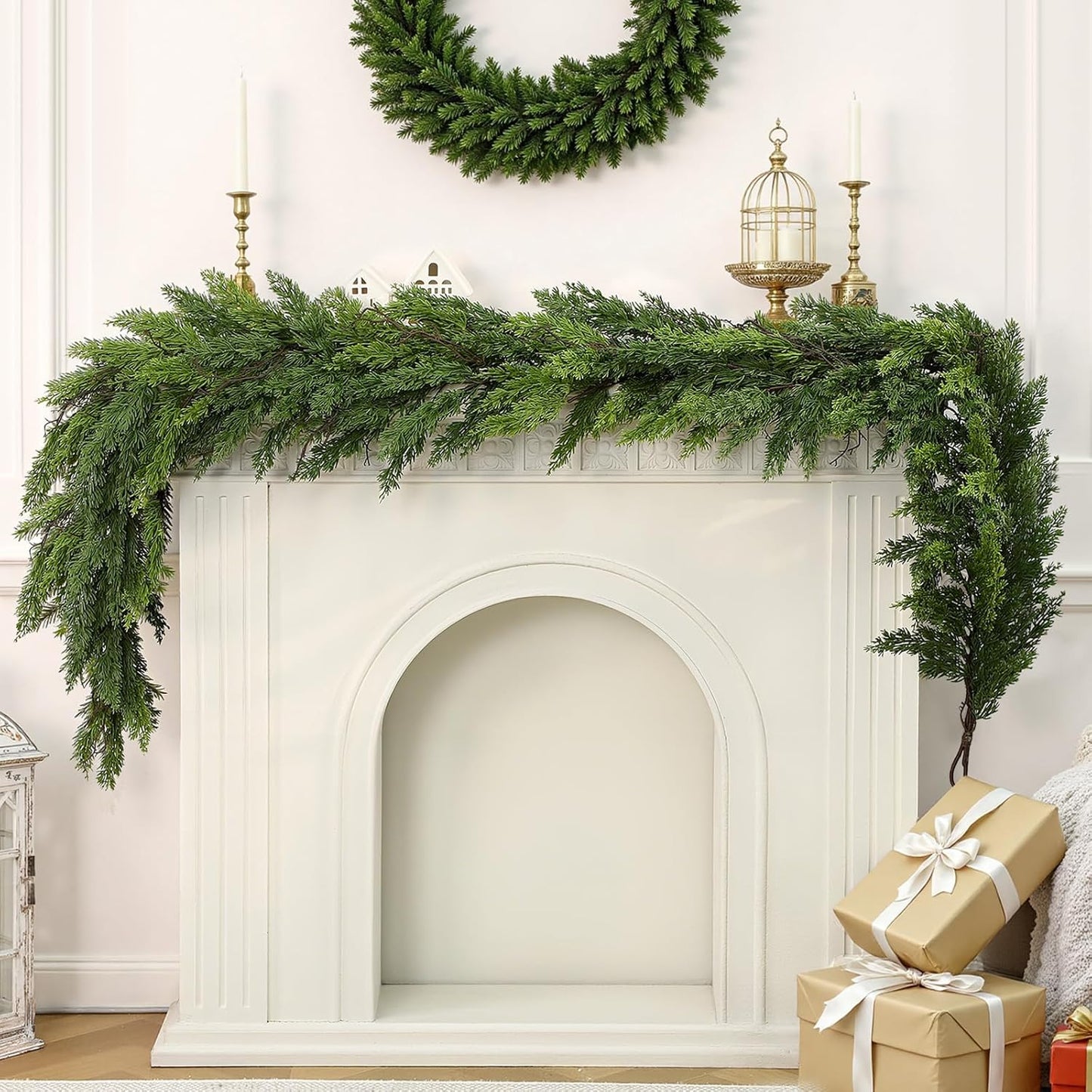 6FT Artificial Christmas Garland, Realistic Greenery Cypress Pine Garland for Mantle Table Railing Fireplace Indoor Outdoor Christmas Decoration