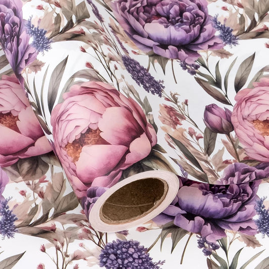WRAPAHOLIC Kraft Floral Wrapping Paper - Mini Roll - 17 Inch x 16.5 Feet - Watercolor Lavender Flower Wrapping Paper for Wedding, Birthday, Bridal Shower, Tea Party, Drawer Liners, Home Closet Shelves