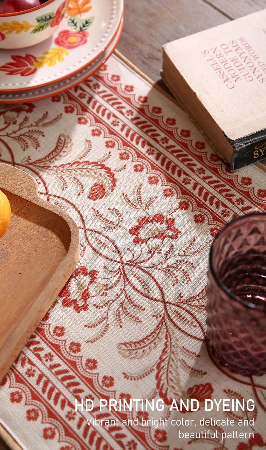 ISAENNE Designer Vintage Linen Table Runner 87 Inches Long,Red Floral Pattern Modern Decor Table Runners for Dining Tables,Thanksgiving,Kitchen Tables,Christmas,Banquet,12"*87"-Chamonix A