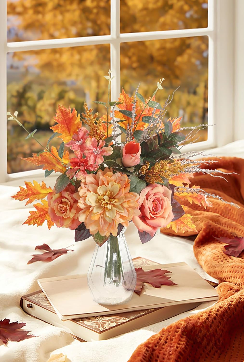 Artificial Flowers with Vase,Orange Silk Roses and Fake Plant Eucalyptus in Vase,Faux Flower Arrangement with Vase Suitable for Home Office Decoration, Living Room and Dining Table Centerpiece