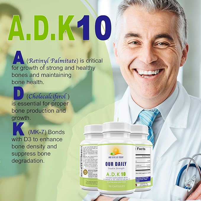 Our Daily Vites ADK 10 Double Strength (10,000 iu) Vitamins A1, D3 & K2 (as MK7) - Physician Formulated Bone & Immune System Support Supplement - Gluten Free, Non-GMO - 90 Vegetarian Capsules