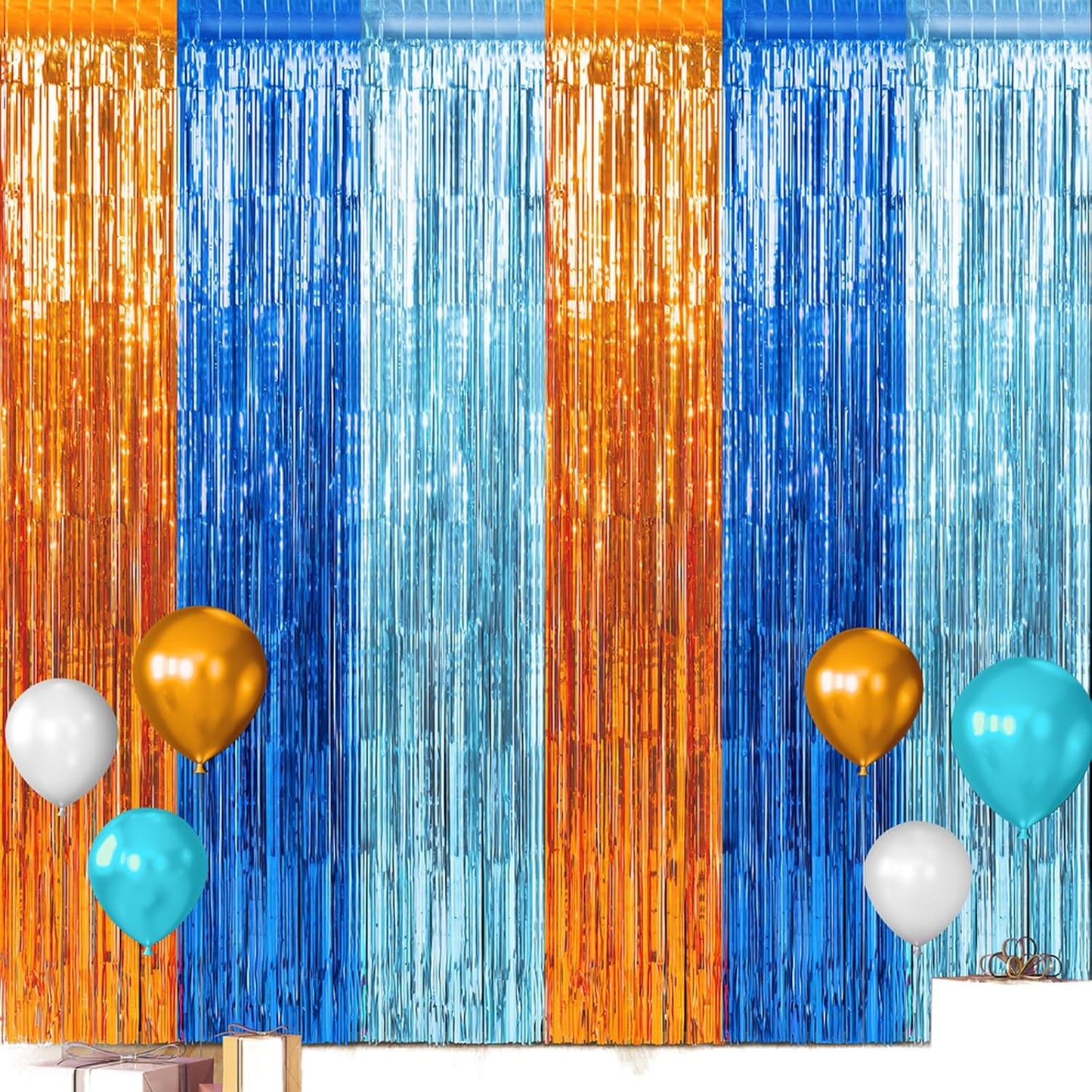 3 Pack 3.3X6.6Ft Blue Dog Foil Fringe Curtains Backdrop Decorations, Orange and Light Blue Birthday Party Tinsel Metallic Streamers Photo Booth Background for Dog Theme Party Supplies