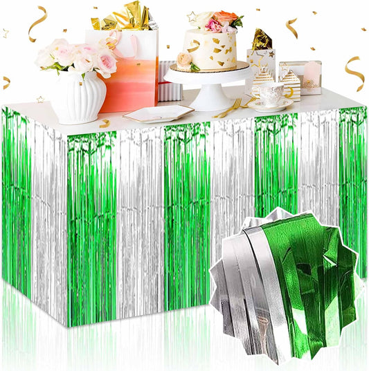3 Pack Silver Green Foil Fringe Table Skirts Metallic Tinsel Streamers Garland Banner Backdrop for Table Decor, Parade Float, Birthday, Wedding, Halloween, Christmas Party Decorations(29x108 In)