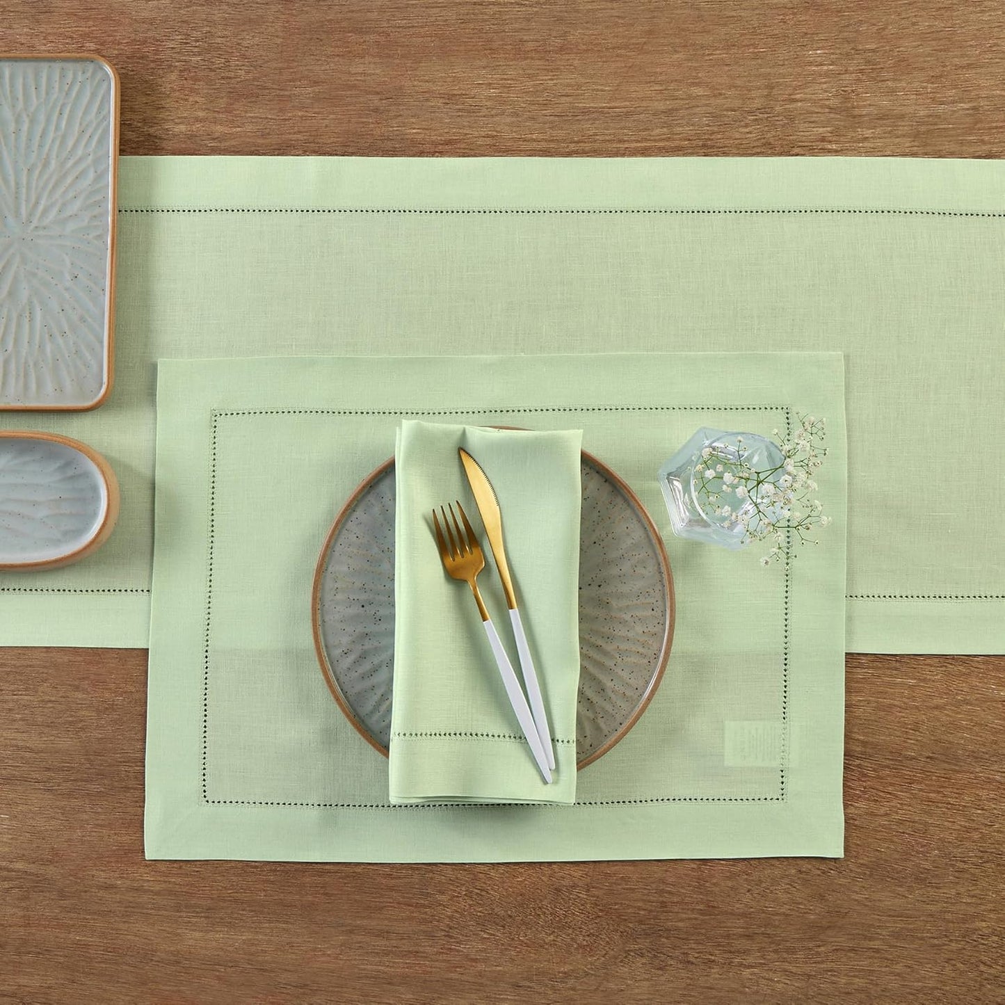 Solino Home Linen Light Green Hemstitch Table Runner 36 Inches - 100% Pure Linen Small Table Runner 14 x 36 Inch Ideal for Dresser and Coffee Tables - Classic Hemstitch