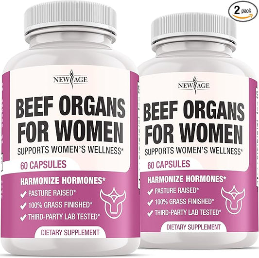 NEW AGE Beef Organ Supplement for Women - Beef Liver, Kidney, Heart and Uterus Tissue, Supports Women's Overall Energy and Health - Pasture Raised, Grass Fed - No Fillers - 120 Capsules