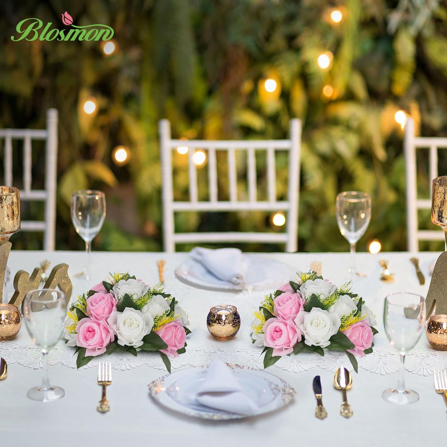 BLOSMON Flower Balls Rose Centerpieces: 6 Pcs 9.5 Inch Pink Fake Flowers Kissing Balls Decor Artificial Wedding Floral Arrangements Silk Flower Bouquet with Base Home Party Room Table DIY Decorations