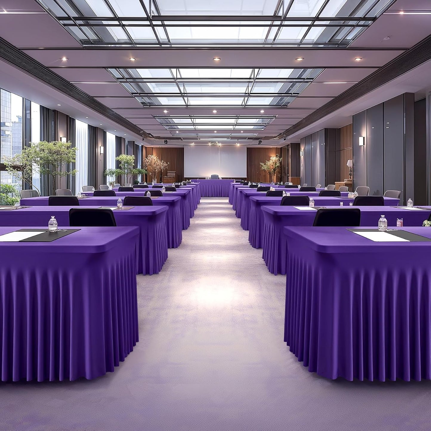 Wish Care 2 Pack Dark Purple Spandex Table Clothes for 8 Foot Rectangle Tables, 8FT Wrinkle Free Fitted Tablecloths Ruffles Design Table Cover for Party, Banquet, Wedding and Events