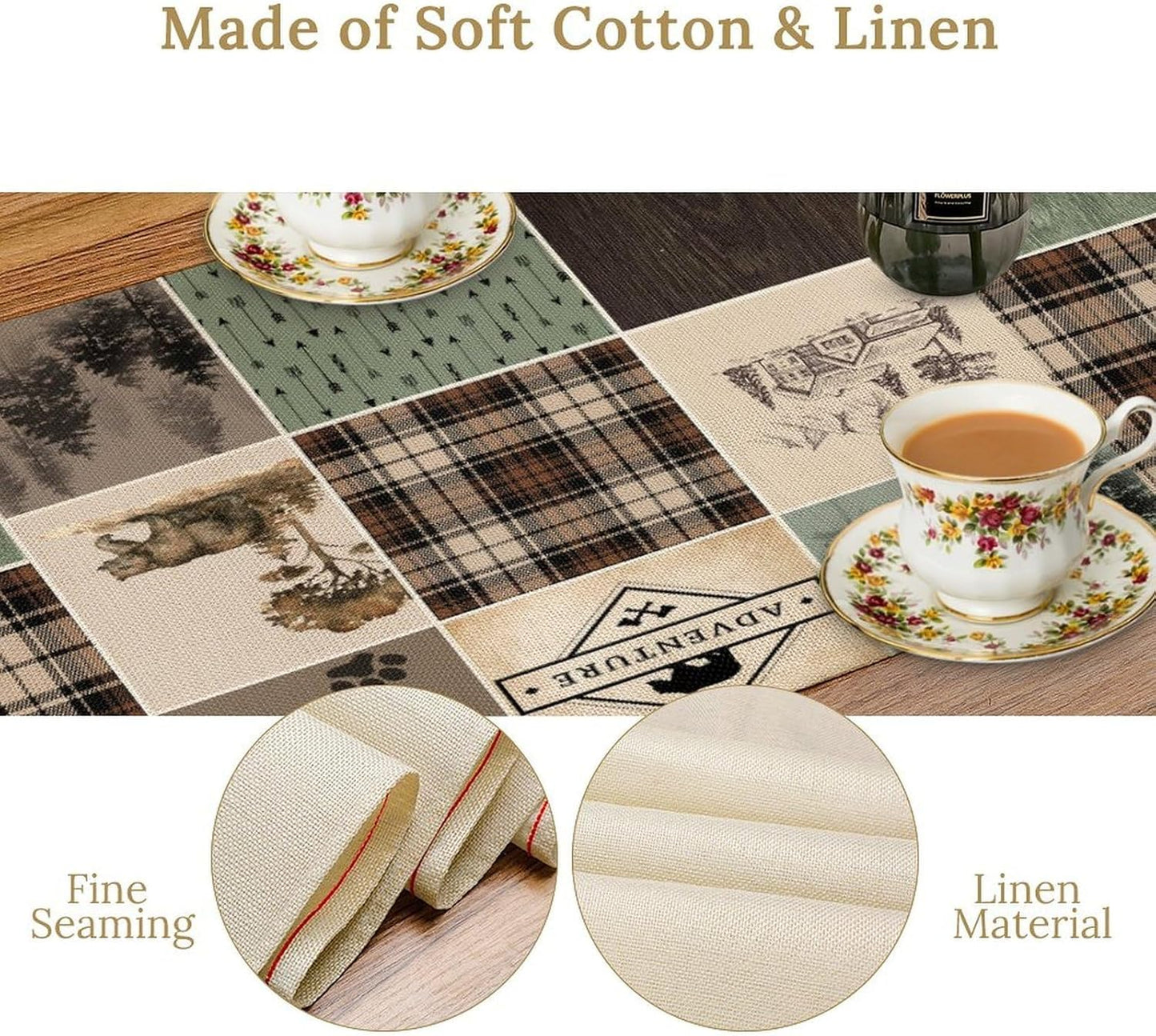 Bear Deer Table Runner,Rustic Lodge Retro Country Farmhouse Buffalo Plaid Print Tablecloth Burlap for Hotel Indoors Outdoor Dining Room Kitchen Home Decor,W13X L80 in