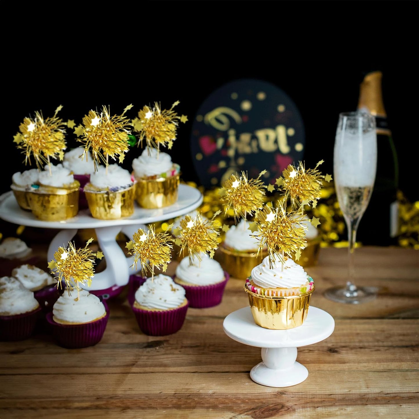 Gyufise 30Pcs Star Foil Firework Cupcake Toppers Sparkle Tinsel Cake Toppers Tinsel Drink Cake Decoration Cocktail Picks for Birthday Wedding Graduation Party Supplies Gold