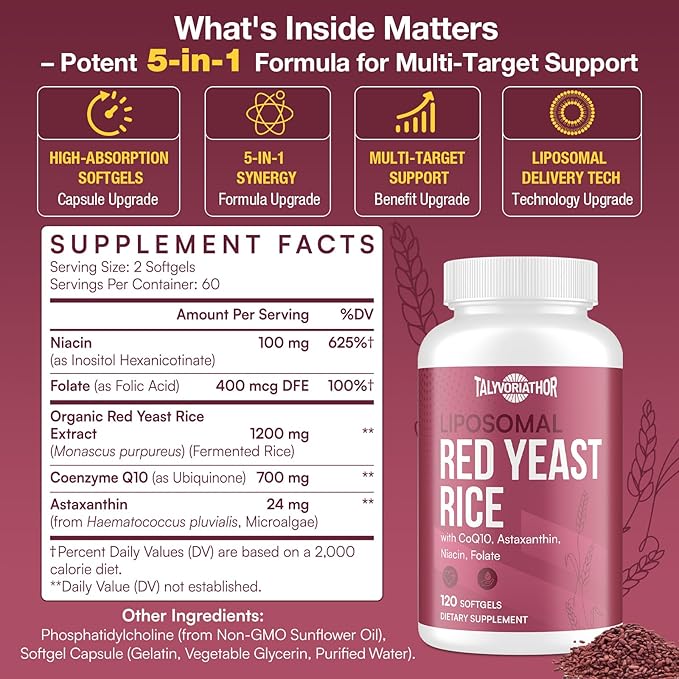 Liposomal Red Yeast Rice 1200mg with CoQ10 & Astaxanthin – Extra Strength Cholesterol, Cardiovascular & Metabolic Support – High Absorption – Citrinin-Free, 120 Softgels (2 Bottle)