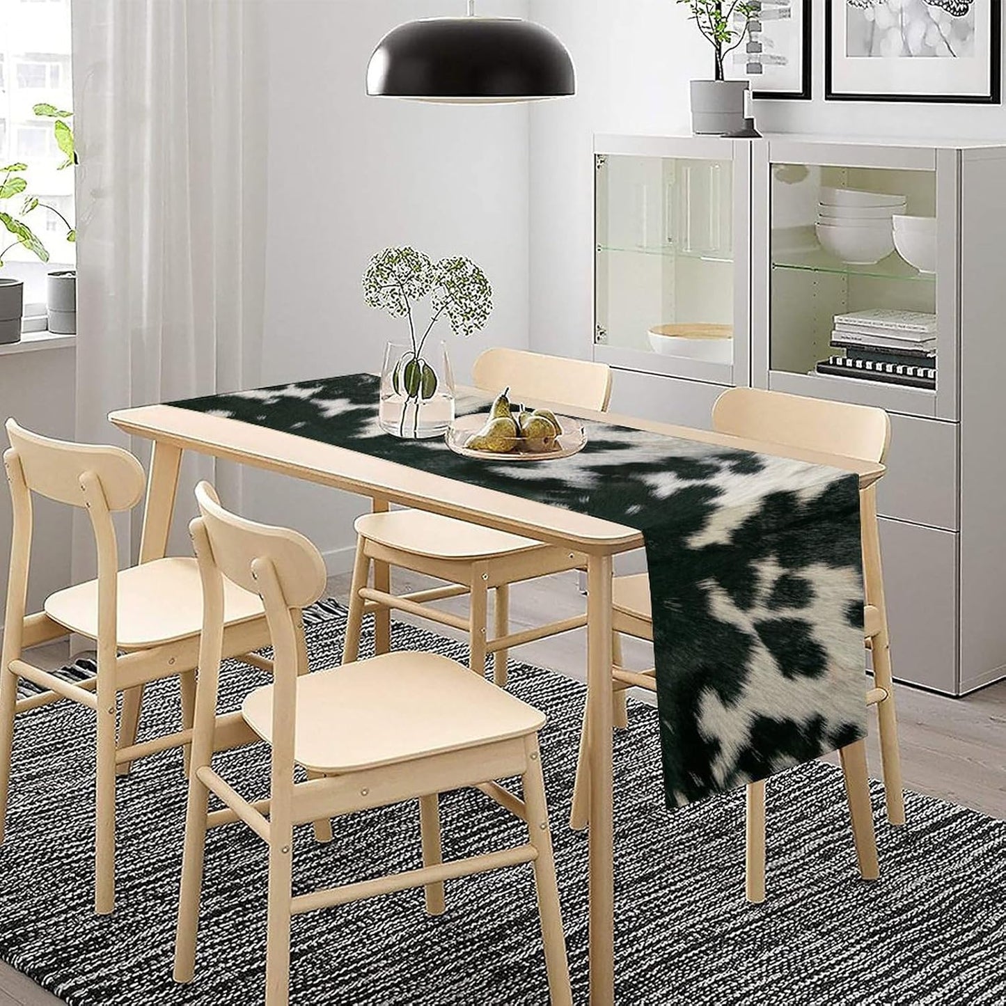 Cow Skin Print Table Runner, Rustic Country Farm Fur Skin Cowhide Pattern Western Style Black White Print Table Runner for Home Kitchen Dinning, 13x36 Inch