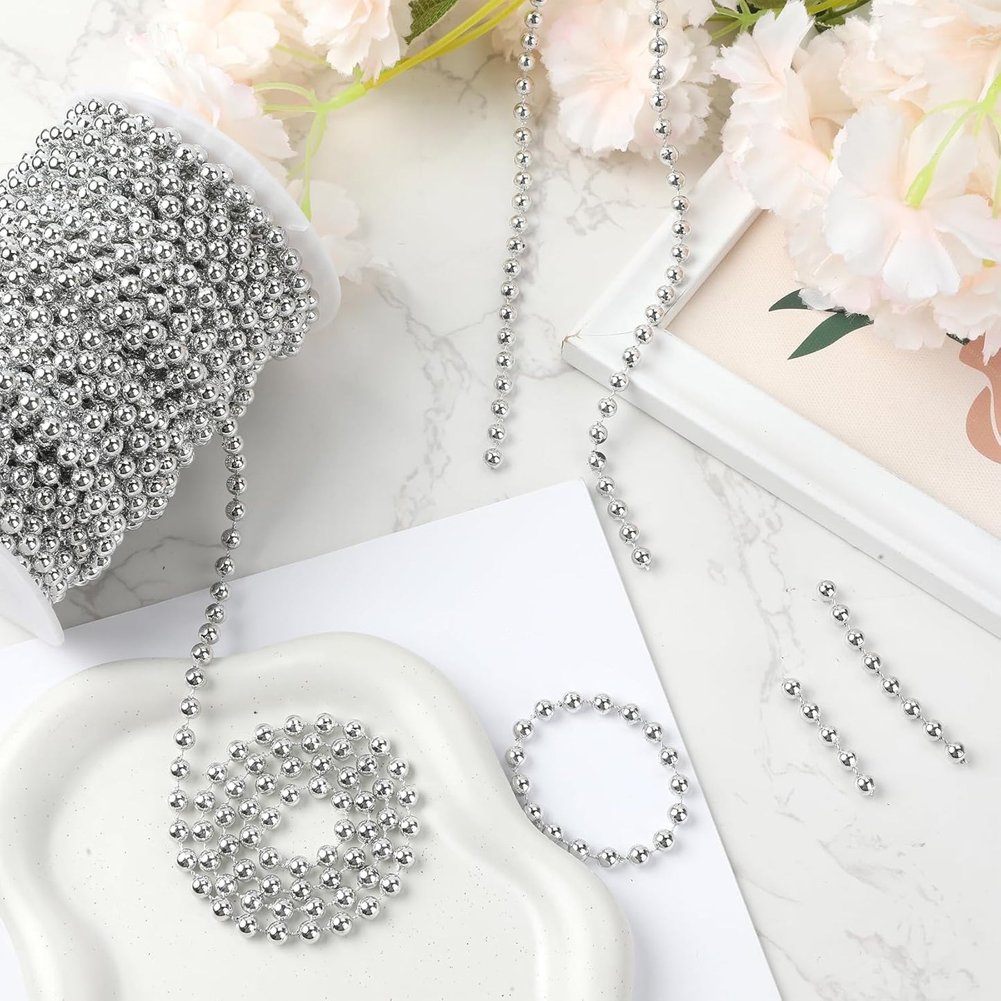 Pearl Beads Garland, 6 MM Silver Faux String of Pearls, Pearl Garland for Christmas Tree 82FT Pearl Beads Strand Spool Bead Roll for Crafts Floral Centerpieces Wedding Party Christmas Tree Decorations