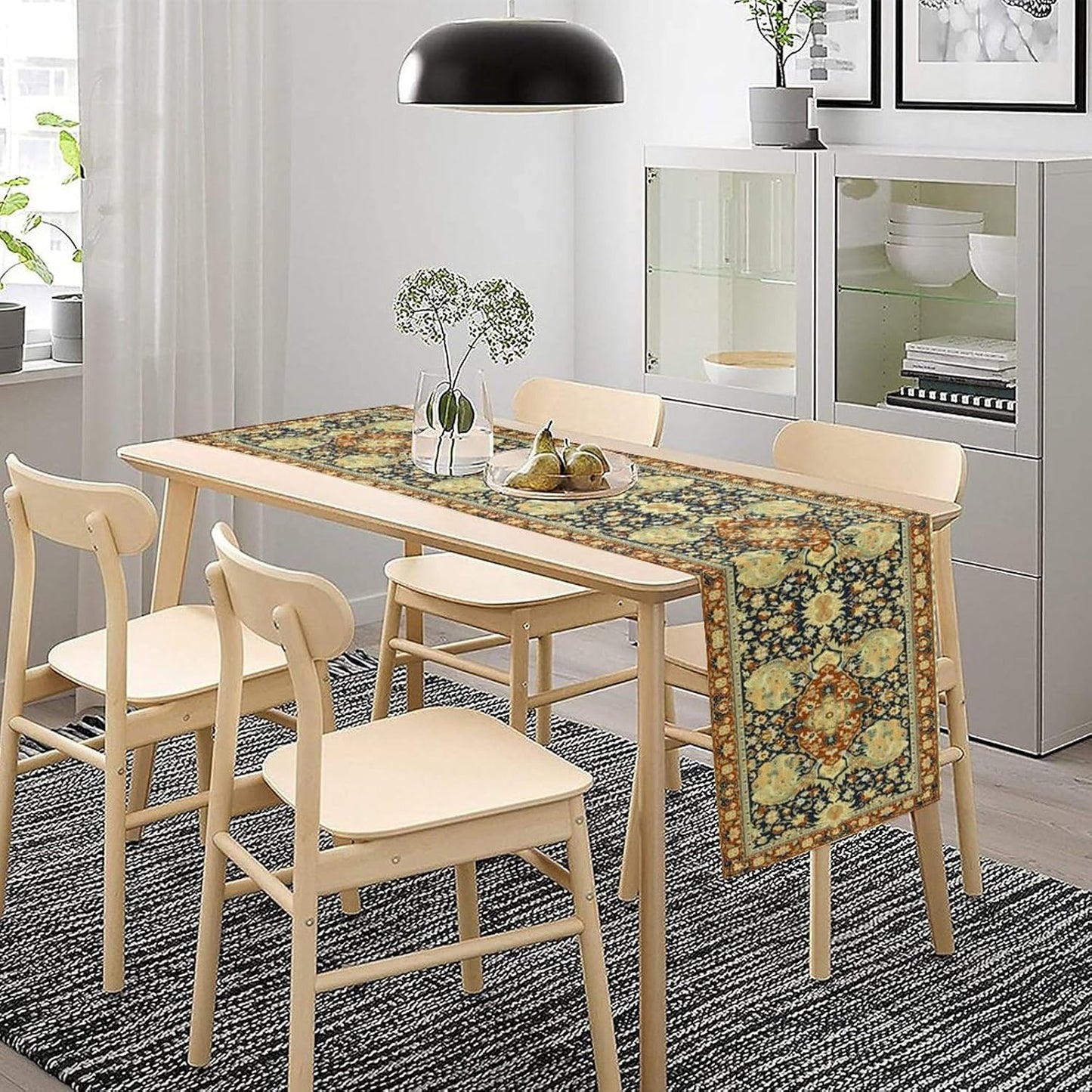 Vintage Boho Floral Table Runner, Elegant Luxurious Rustic Country Farmhouse Navy Blue Gold Retro Flower Pattern for Home Kitchen Table Decor Dining Coffee Room Party Decor 13x36in