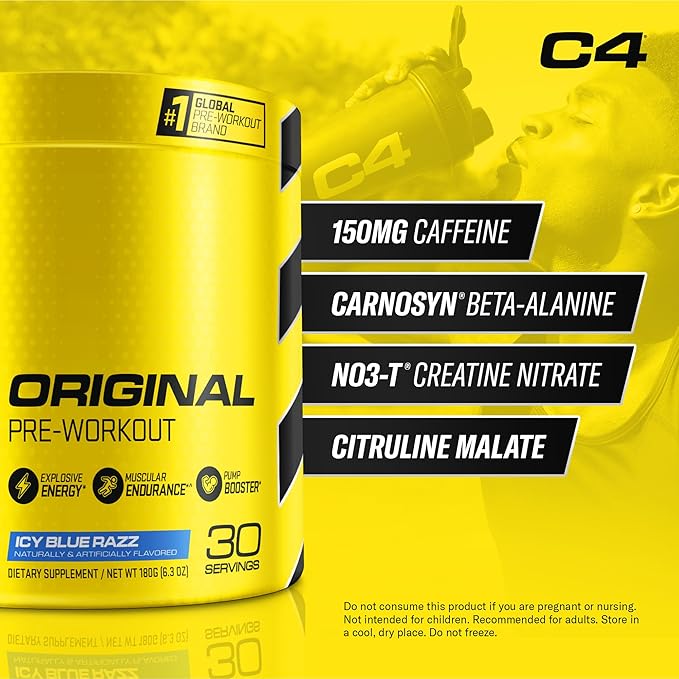 Cellucor C4 Original Pre Workout Powder ICY Blue Razz | Vitamin C for Immune Support | Sugar Free Preworkout Energy for Men & Women | 150mg Caffeine + Beta Alanine + Creatine | 30 Servings