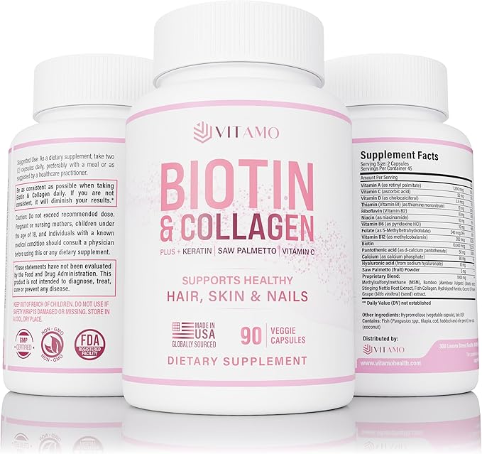 Vitamo Hair Growth Vitamins for Women | Hyaluronic Acid & 50,000 mcg B-Complex (B1, B2, B3, B6, B7) | Biotin and Collagen | Keratin – Advanced Supplement for Hair, Skin & Nails | 90 Capsules