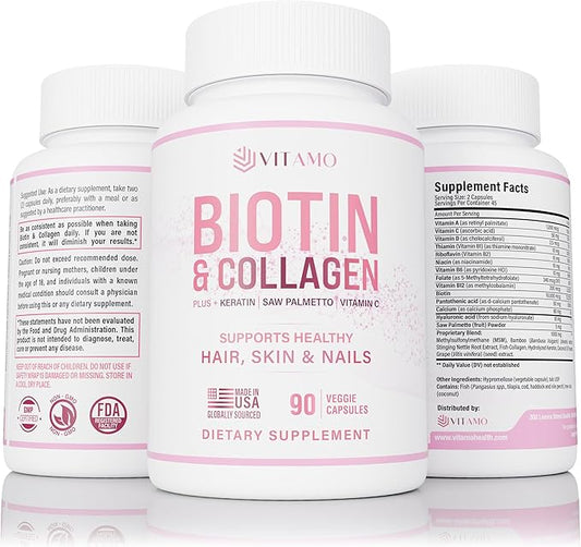 Vitamo Hair Growth Vitamins for Women | Hyaluronic Acid & 50,000 mcg B-Complex (B1, B2, B3, B6, B7) | Biotin and Collagen | Keratin – Advanced Supplement for Hair, Skin & Nails | 90 Capsules