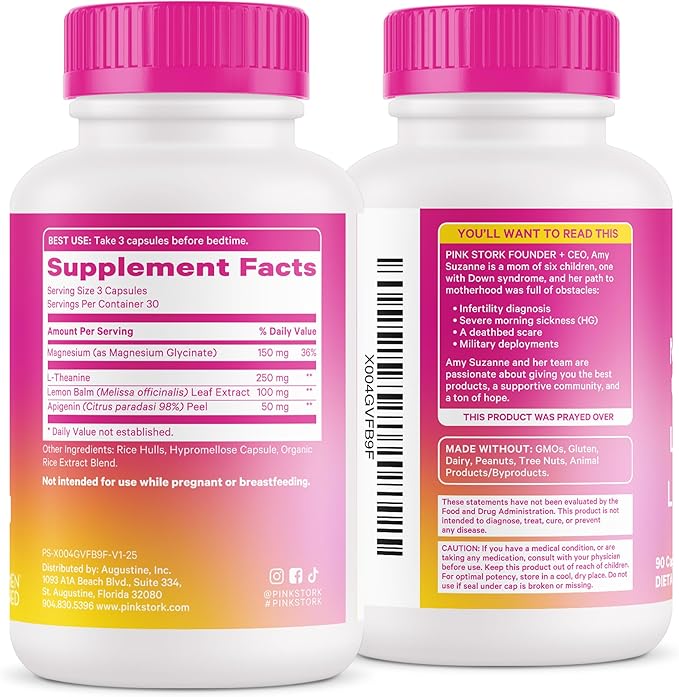 Pink Stork Magnesium Glycinate, L-Theanine, Lemon Balm - Melatonin-Free Magnesium for Sleep Support - Natural Calm and Relaxation - 90 Capsules