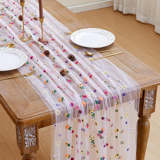 JIALE Pink Floral Table Runner, Embroidery Daisy Seasonal Table Decorations, 120Inch 10FT Tulle Fabric for Home Decor, Bridal Shower Wedding, Baby Shower Parties, DIY Craft