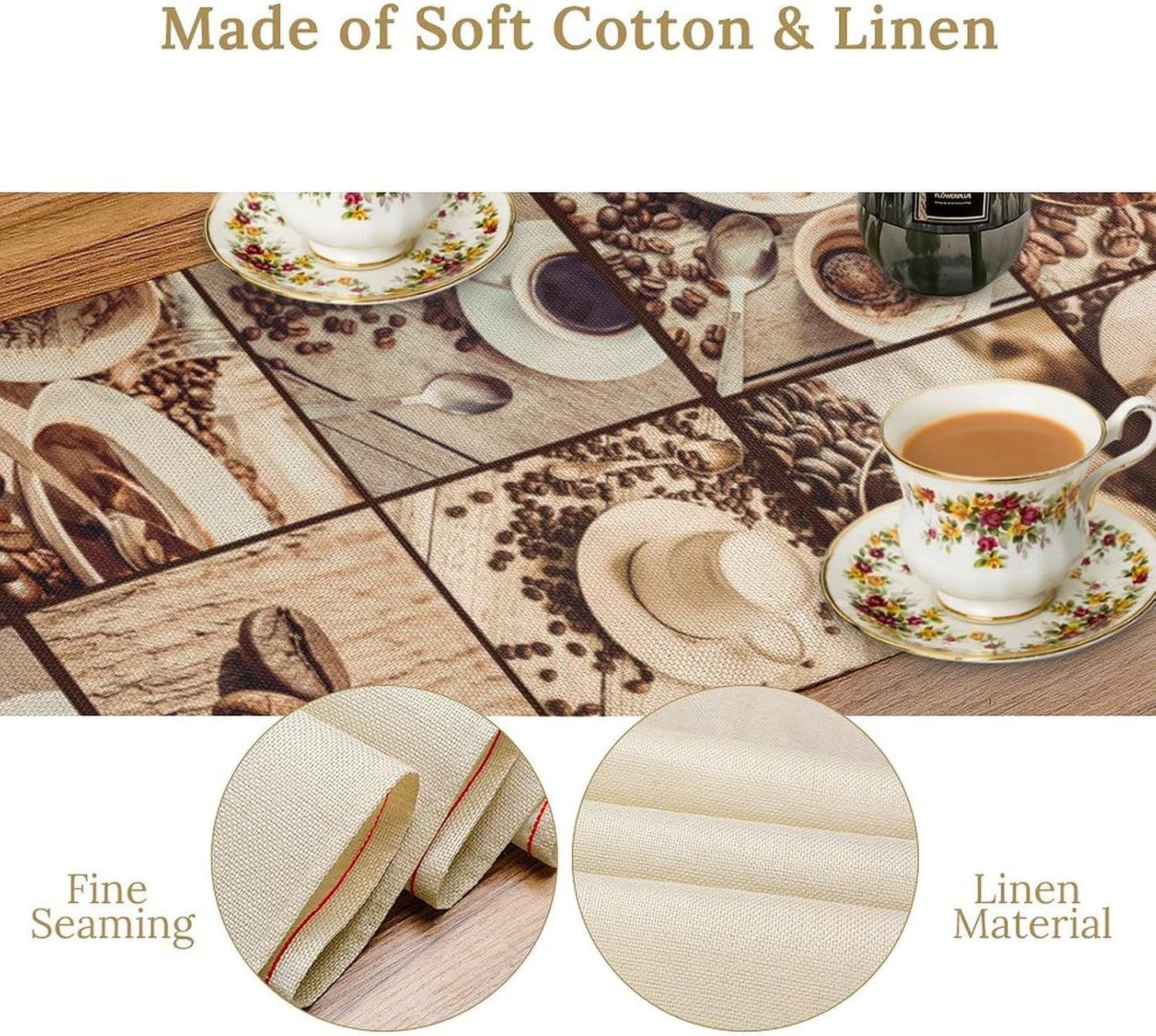 Coffee Theme Table Runner, Rustic Farmhouse Coffee Cup Latte Cappuccino Tea Party Cafe Table Center Decor for Home Kitchen Dining Patio Holiday Party Indoor Outdoor Table Decorations, 13"x72" Inch