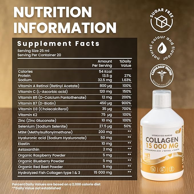 Swedish Nutra - Liquid Marine Collagen 15,000mg - 500ml I Hydrolyzed Collagen Peptides (Type I & III) I Hyaluronic Acid, Biotin, Vitamin C I Sugar Free- 20 Day Supply