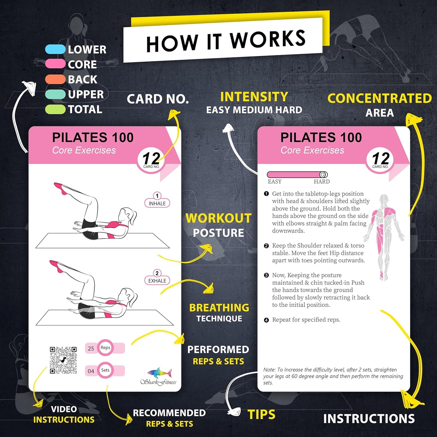Pilates Workout Cards - 58 Exercise Cards with Pilates Mat Workout Postures, Video Instructions & Breathing Tips | Free Ring & Dry-Erase Marker to Create at home pilates womens workout planner