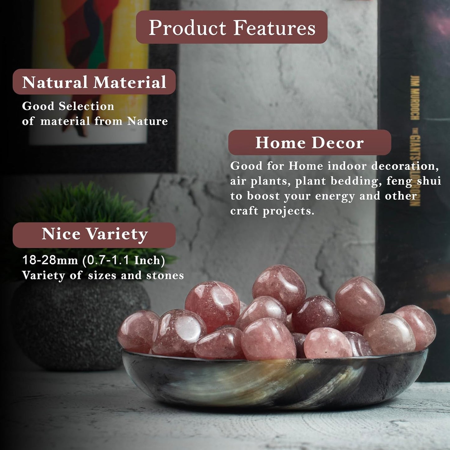 "Crocon 1LB Strawberry Quartz Tumbled Stones and Natural Crystal 2000+ Carats for Reiki Healing Crystal Polished, Chakra Balancing, Reiki Gift, Home Decor Size : 20-25 mm"