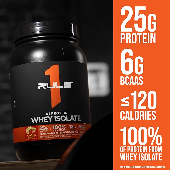 Rule 1 R1 Protein Whey Isolate - with 25g Protein & 6g BCAA Exclusively from Isolated & Hydrolyzed Sources for Workout Recovery (5 Pounds*, Strawberry Banana)