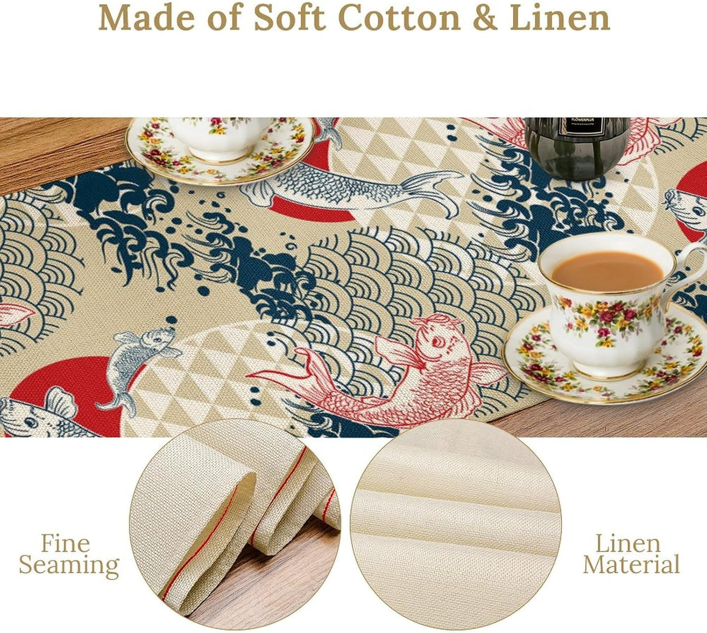 Japanese Table Runner Oriental Tradition Kio Fish Art Printed Burlap Runner Home Kitchen Dining Table Living Room Decor Fabric 1 Panel W13xL120in