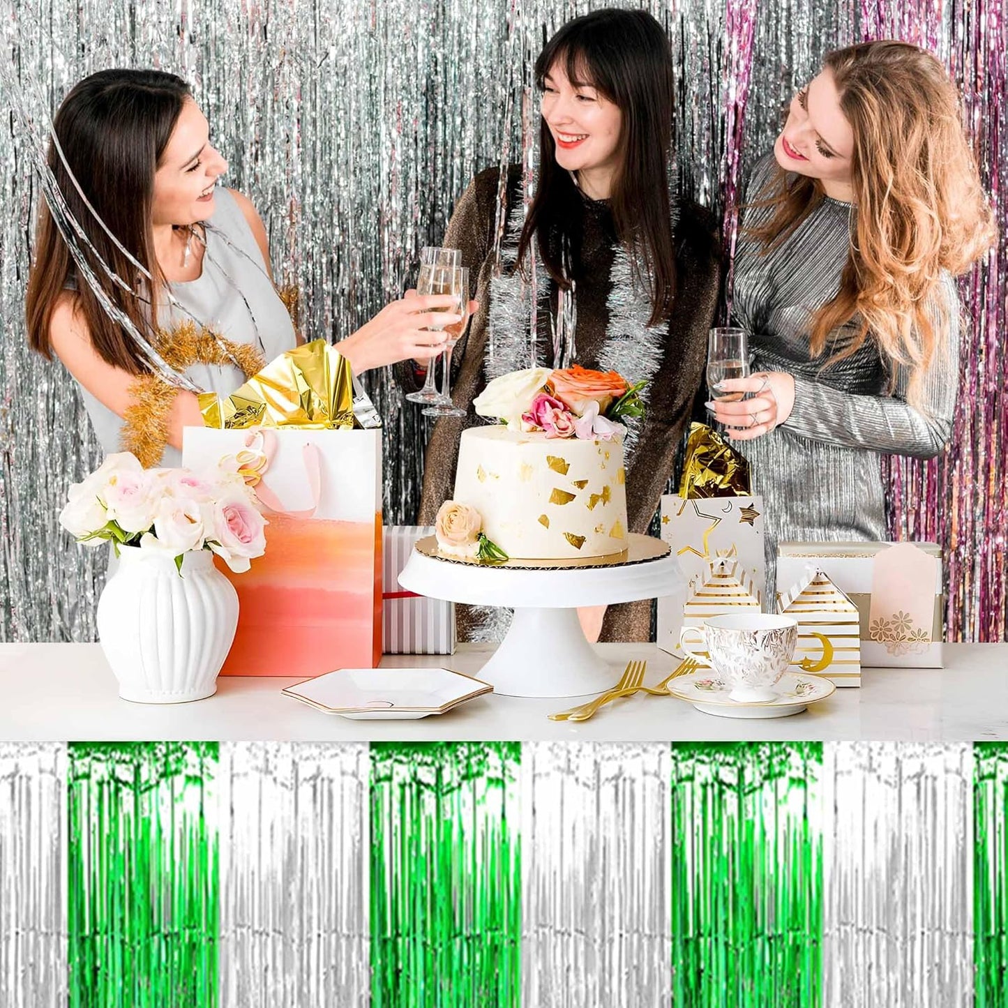 3 Pack Silver Green Foil Fringe Table Skirts Metallic Tinsel Streamers Garland Banner Backdrop for Table Decor, Parade Float, Birthday, Wedding, Halloween, Christmas Party Decorations(29x108 In)