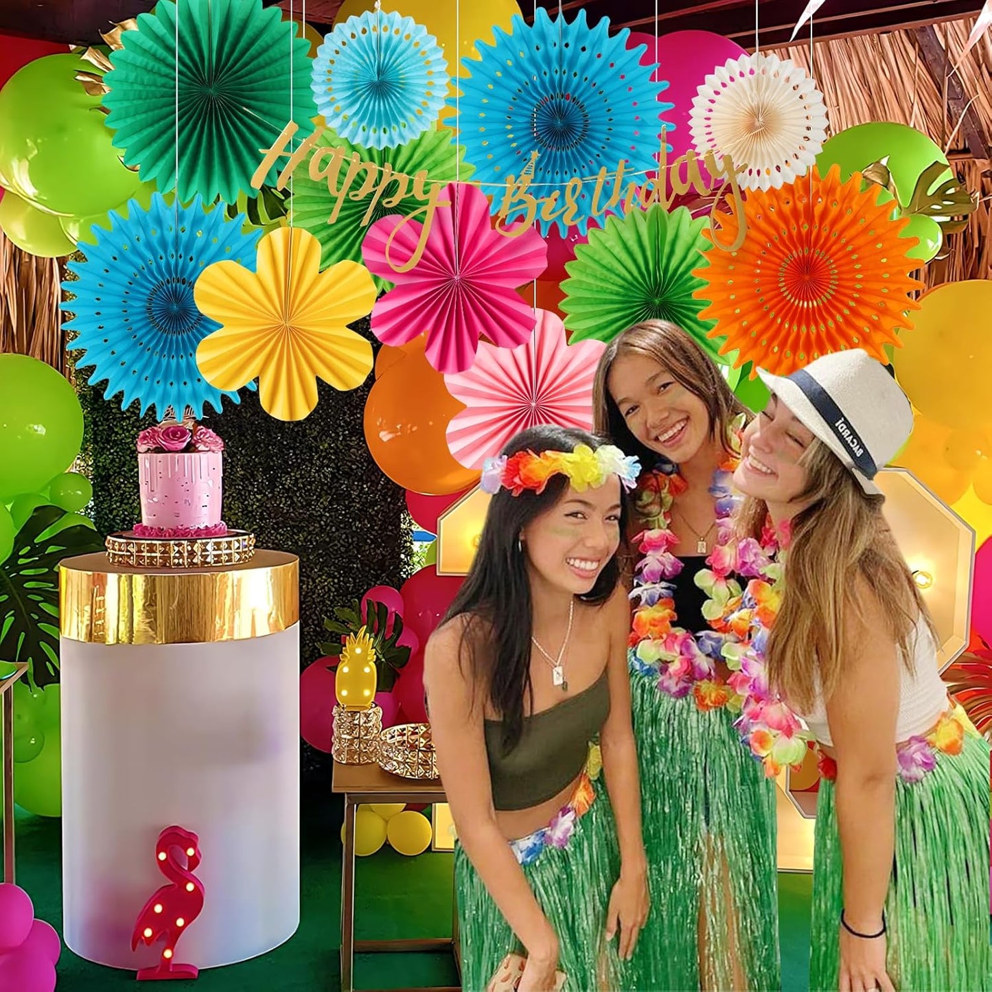 Colorful Birthday Party Decoration Paper Flower Hanging Decoration for Wall Happy Birthday Banner Paper Fans Deco for Tropical Hawaii Luna Birthday Party
