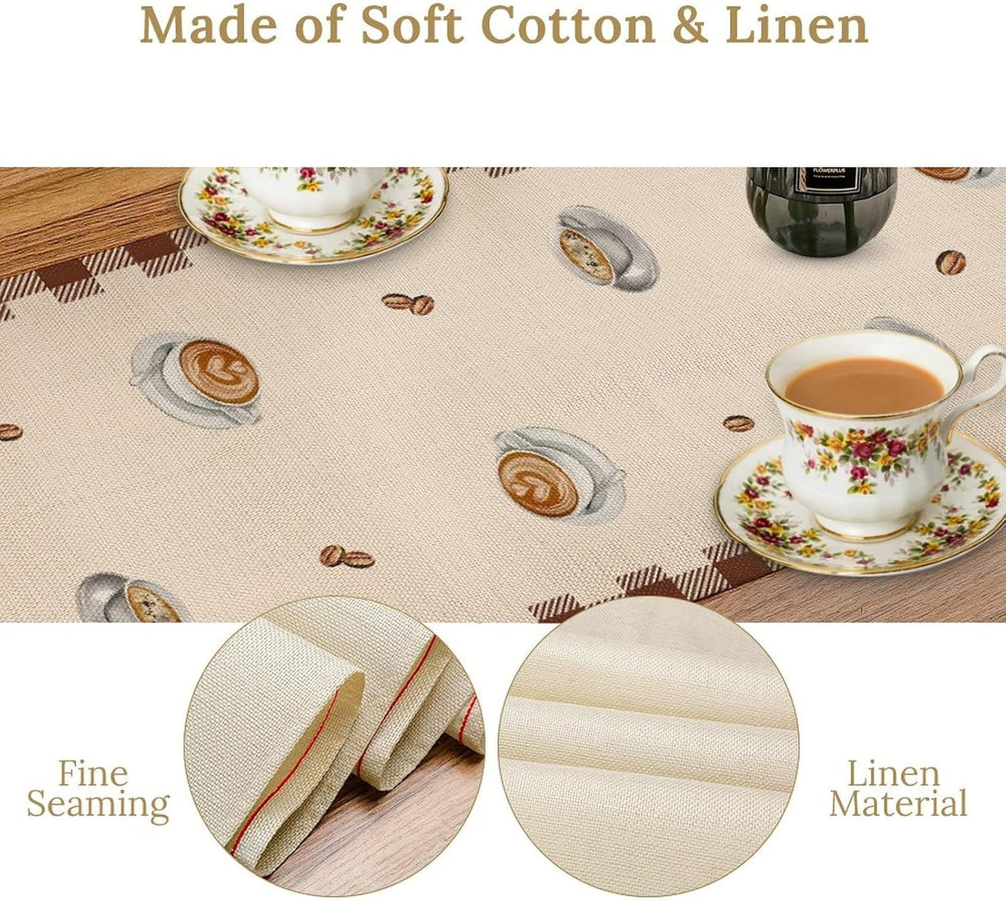 Coffee Time Table Runner, Farmhouse Retro Gnome Coffee Cup Tea Party Cafe Table Center Decor for Home Kitchen Dining Patio Holiday Party Indoor Outdoor Table Decorations,13"x90" Inch