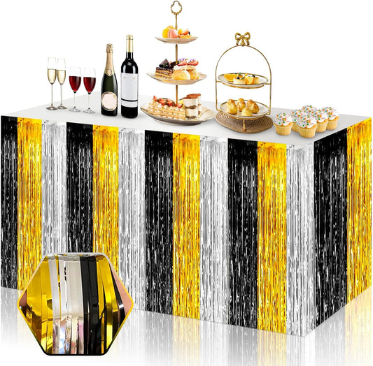 3 Pack 29 x108 Inch Black Gold Silver Foil Fringe Table Skirts Metallic Banner for Tinsel Streamer Garland Backdrop for Parade Floats Wedding Thanksgiving Birthday Christmas Halloween Party Decoration