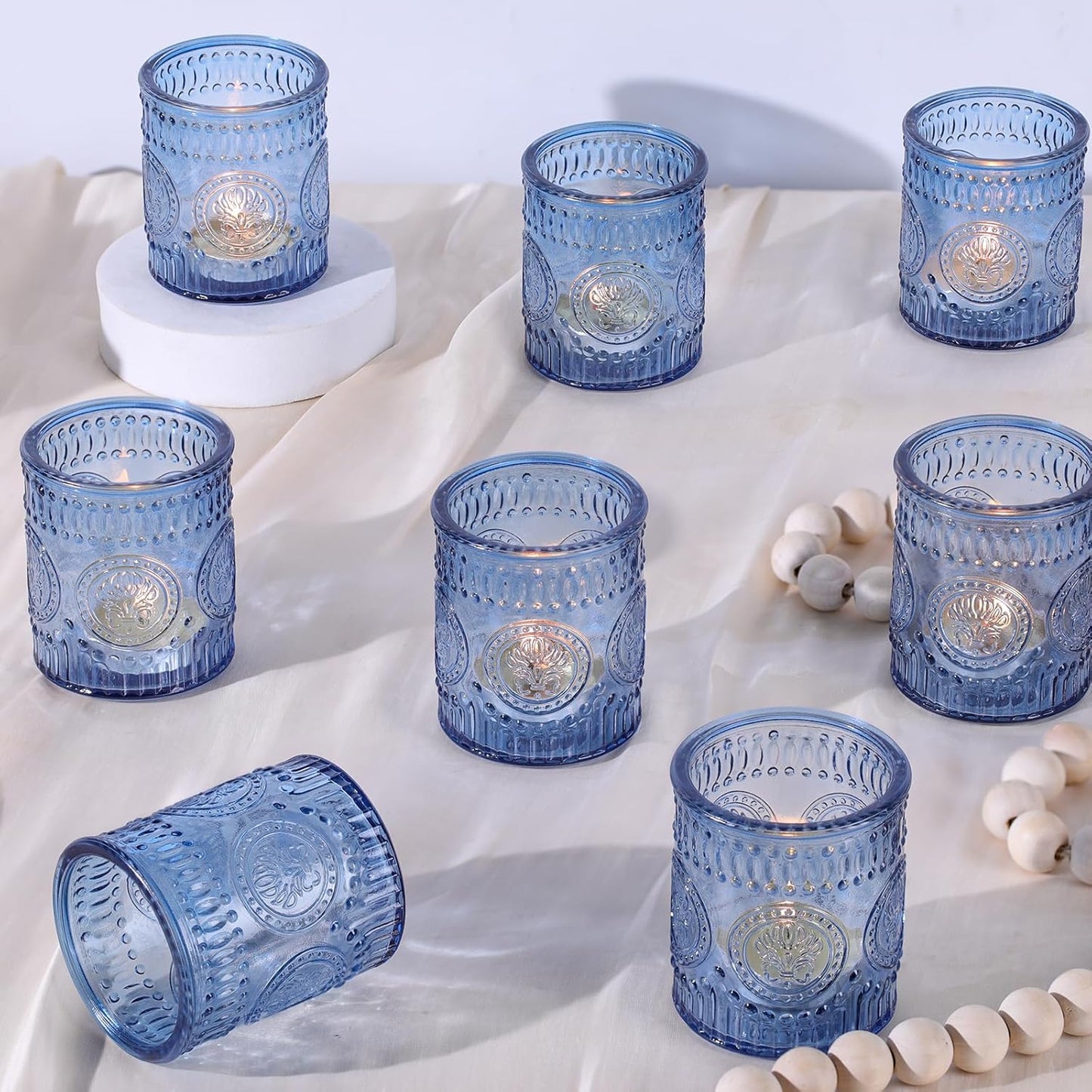 24 Pcs Blue Votive Candle Holders, Glass Tealight Candle Holders for Home Decor, Wedding Table Centerpiece, Birdal Shower, Party