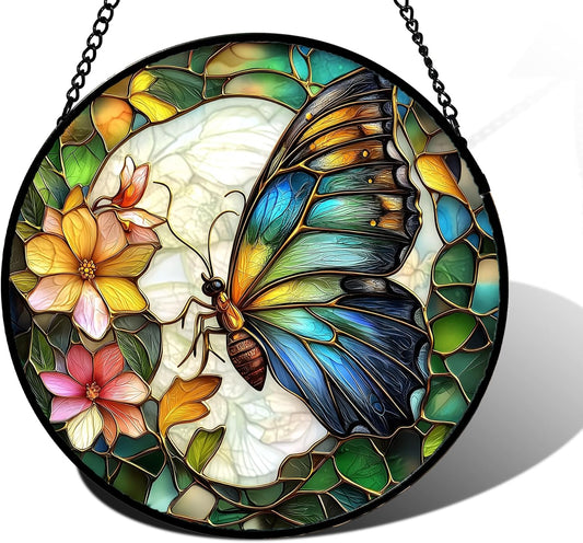 Stained Glass Window Hanging, Butterfly Flower Sun Catchers Diamond Glass Panel Hangings Insect Suncatcher Decor for Birthday for Women, Men, Wife, Aunt, and Mom 7.8 in